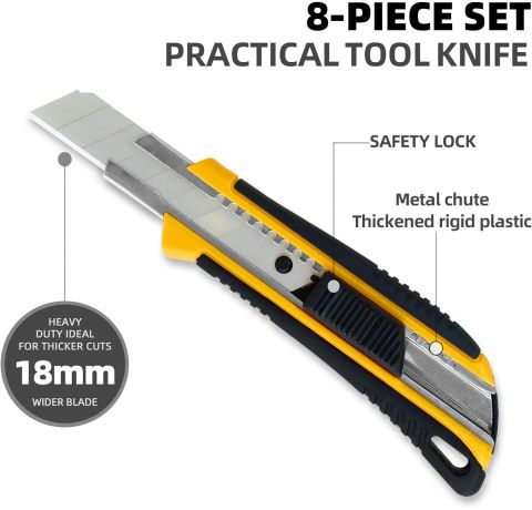 CCLIFE 8 Stück Cuttermesser 18mm Abbrechklinge Kartonmesser Mehrzweck Messer Allzweckmesser Teppichmesser mit Sicherheitslock inkl. 40 Ersatzklingen
