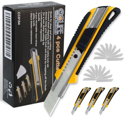 CCLIFE 4 Stück Cuttermesser 18mm Abbrechklinge Kartonmesser Mehrzweck Messer Allzweckmesser Teppichmesser mit Sicherheitslock inkl. 20 Ersatzklingen