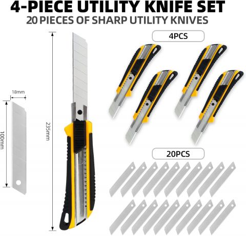 CCLIFE 4 Stück Cuttermesser 18mm Abbrechklinge Kartonmesser Mehrzweck Messer Allzweckmesser Teppichmesser mit Sicherheitslock inkl. 20 Ersatzklingen