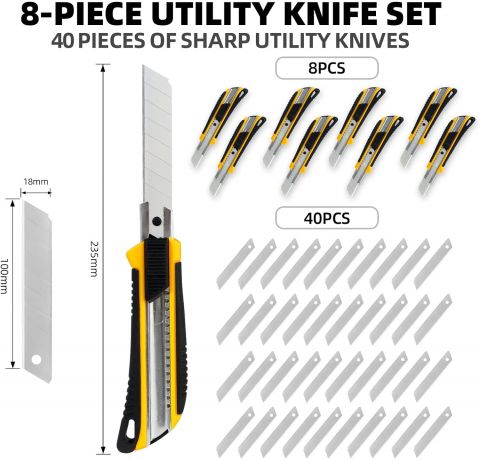 CCLIFE 8 Stück Cuttermesser 18mm Abbrechklinge Kartonmesser Mehrzweck Messer Allzweckmesser Teppichmesser mit Sicherheitslock inkl. 40 Ersatzklingen