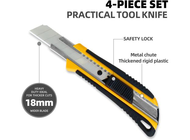 CCLIFE 4 Stück Cuttermesser 18mm Abbrechklinge Kartonmesser Mehrzweck Messer Allzweckmesser Teppichmesser mit Sicherheitslock inkl. 20 Ersatzklingen